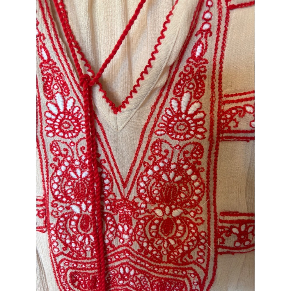 Free People Boho Embroidered Mini Dress Cream Red Tassel XS Peasant Gauze - Picture 2 of 7